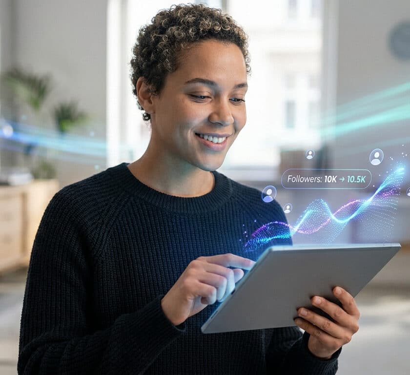 Une femme souriante utilise une tablette avec une projection holographique montrant une croissance de followers Instagram.
