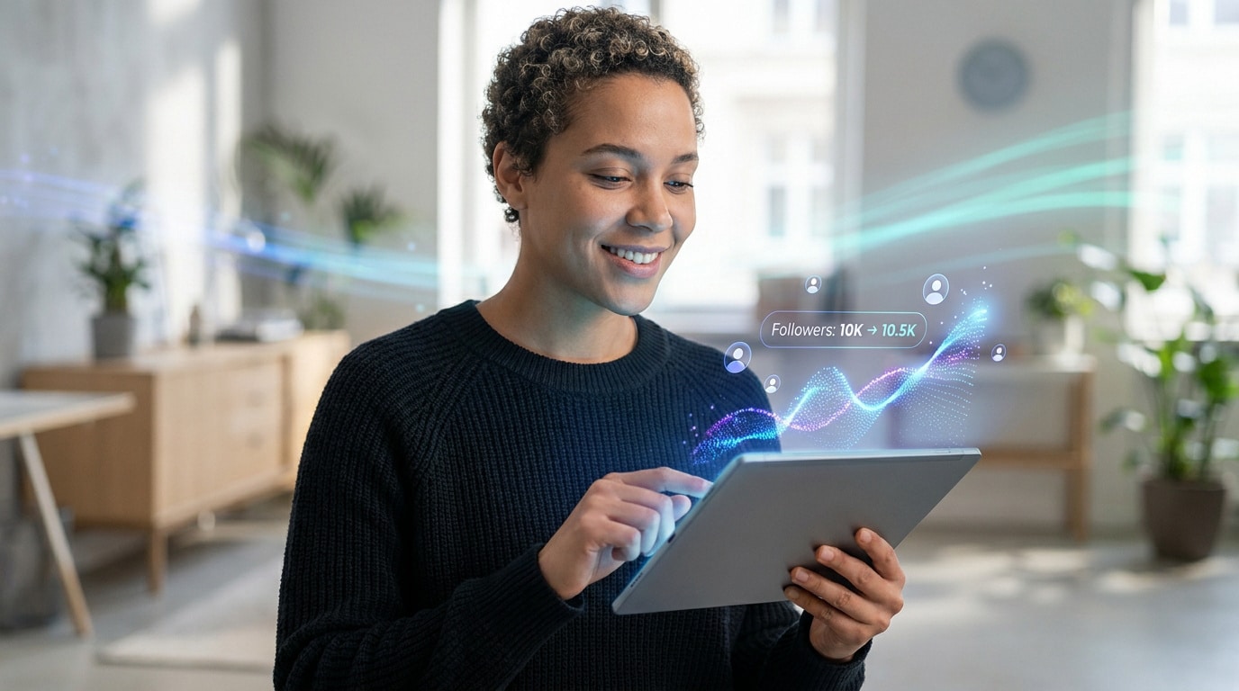 Une femme souriante utilise une tablette avec une projection holographique montrant une croissance de followers Instagram.