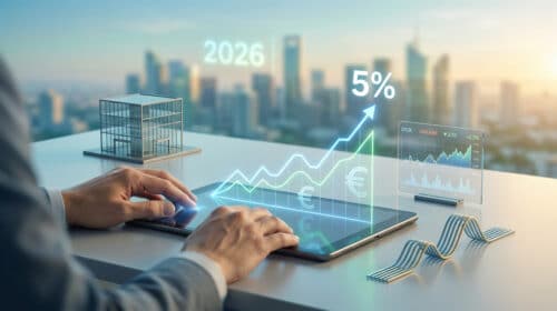 Mains sur une tablette avec hologrammes financiers, courbe de croissance de 5% et maquette de bâtiment en arrière-plan.