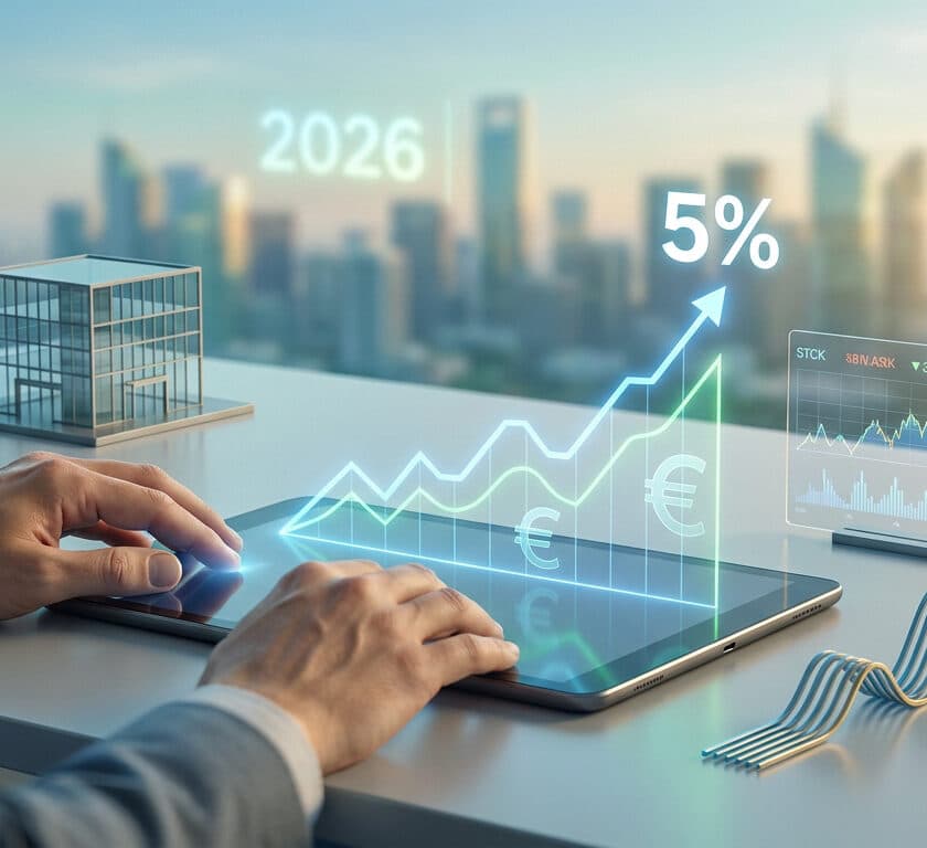 Mains sur une tablette avec hologrammes financiers, courbe de croissance de 5% et maquette de bâtiment en arrière-plan.