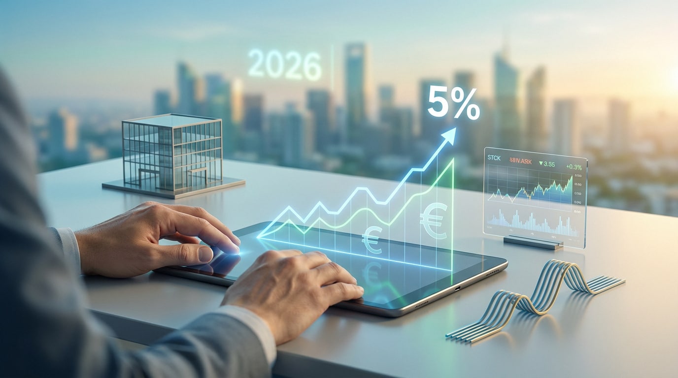 Mains sur une tablette avec hologrammes financiers, courbe de croissance de 5% et maquette de bâtiment en arrière-plan.