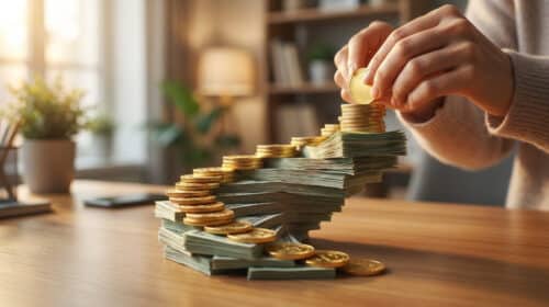 Mains ajoutant une pièce au sommet d'un escalier en billets de banque sur un bureau.