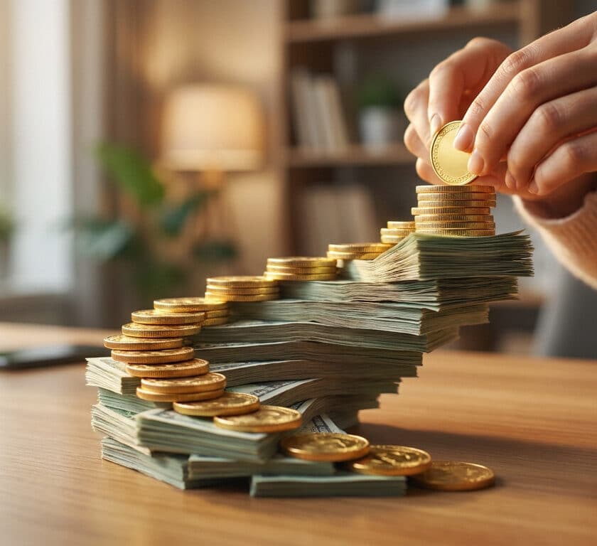 Mains ajoutant une pièce au sommet d'un escalier en billets de banque sur un bureau.