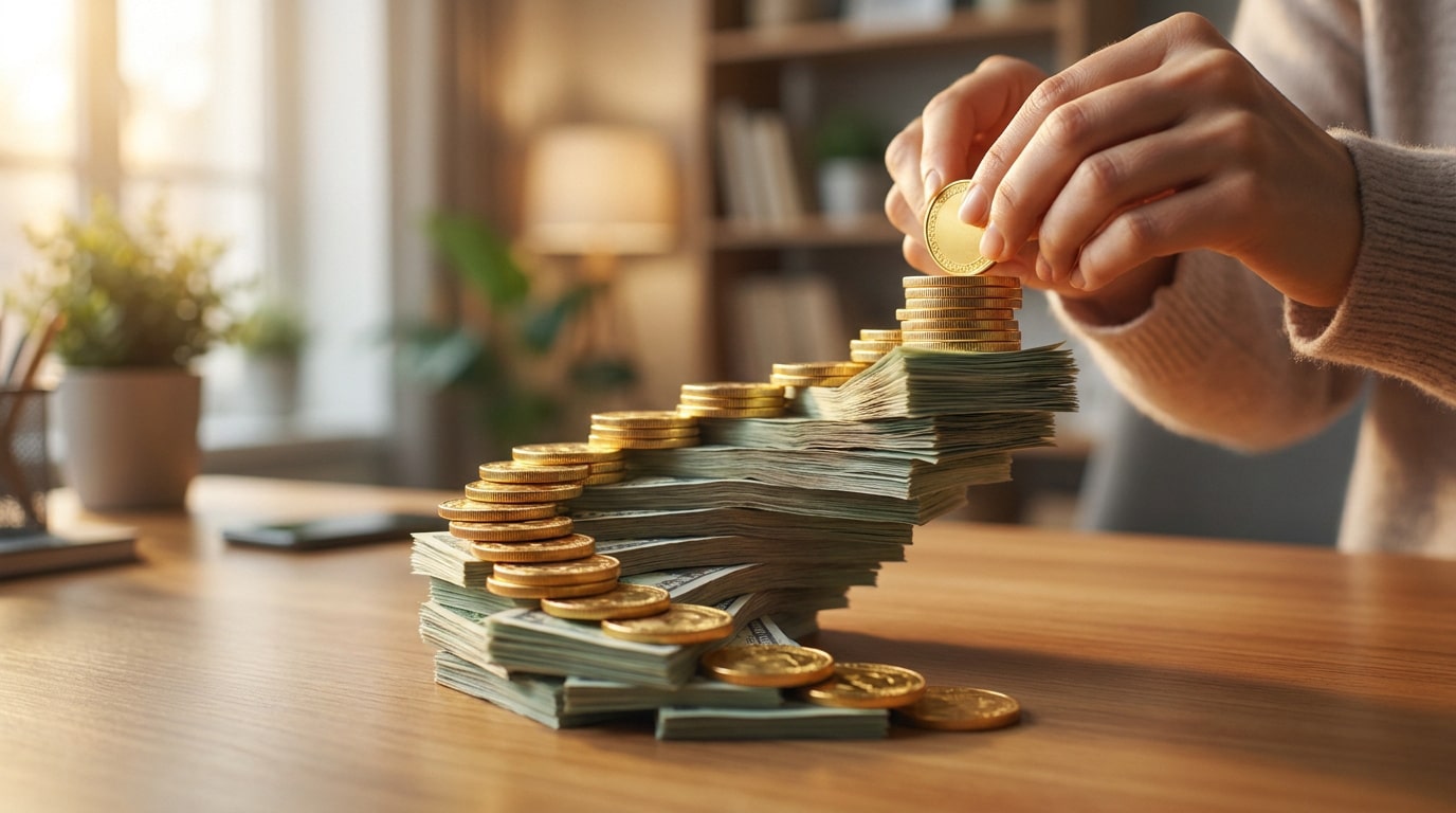 Mains ajoutant une pièce au sommet d'un escalier en billets de banque sur un bureau.