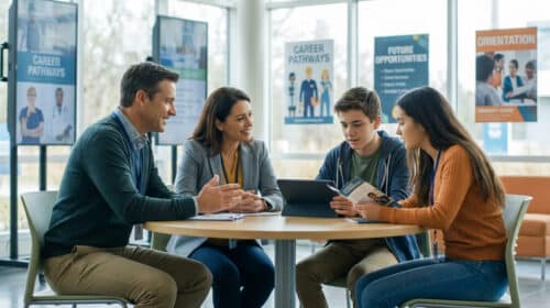 Deux parents bénévoles conseillent deux lycéens lors d'un forum d'orientation scolaire.