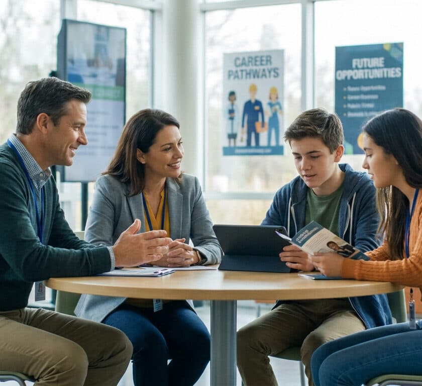Deux parents bénévoles conseillent deux lycéens lors d'un forum d'orientation scolaire.
