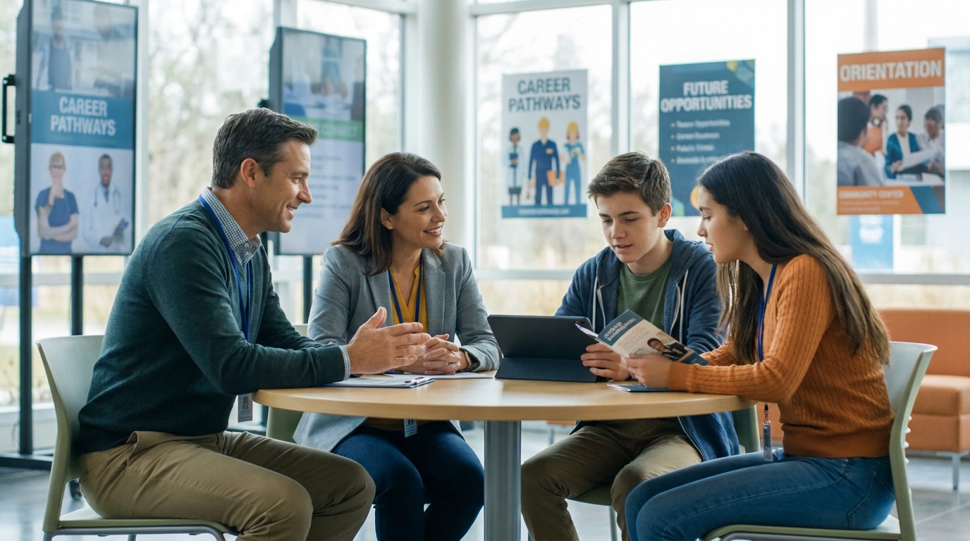Deux parents bénévoles conseillent deux lycéens lors d'un forum d'orientation scolaire.