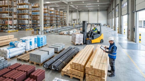 Employé avec casque vérifiant des matériaux dans un entrepôt de distribution avec un cariste en arrière-plan.