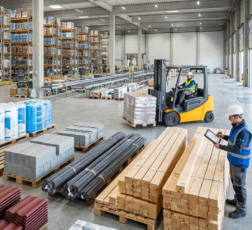 Employé avec casque vérifiant des matériaux dans un entrepôt de distribution avec un cariste en arrière-plan.
