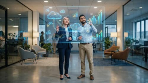 Deux professionnels interagissant avec une interface numérique holographique représentant le cloud computing et des graphiques.