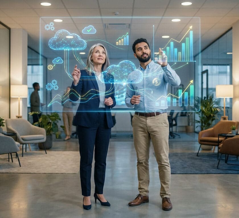 Deux professionnels interagissant avec une interface numérique holographique représentant le cloud computing et des graphiques.