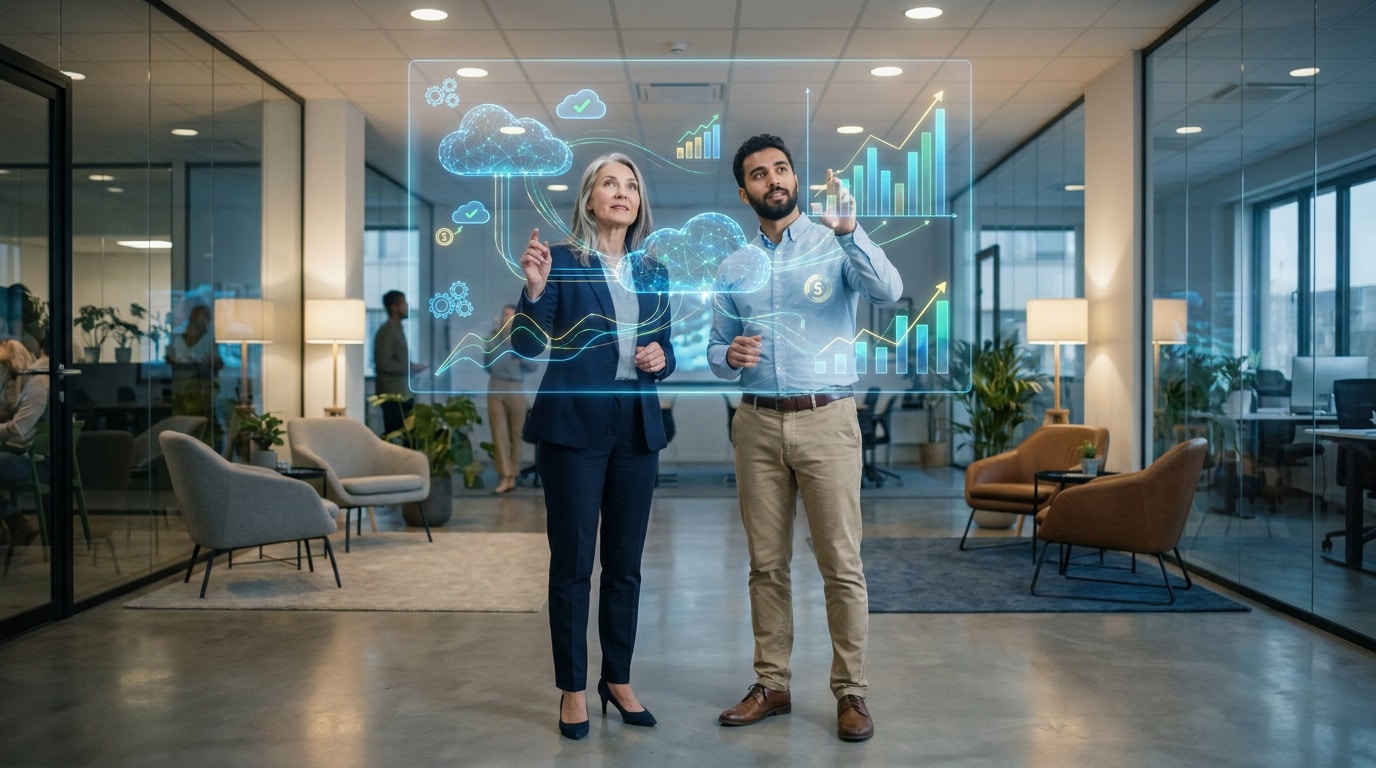 Deux professionnels interagissant avec une interface numérique holographique représentant le cloud computing et des graphiques.