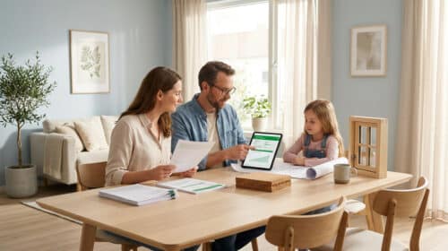 Une famille autour d'une table avec une tablette et des documents pour préparer leur demande de prêt éco-PTZ.