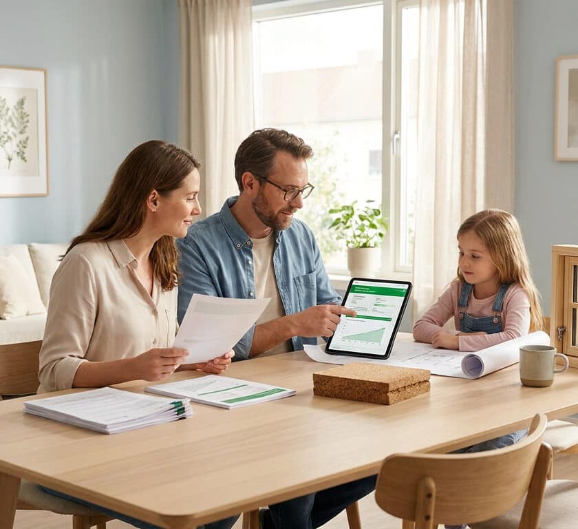 Une famille autour d'une table avec une tablette et des documents pour préparer leur demande de prêt éco-PTZ.