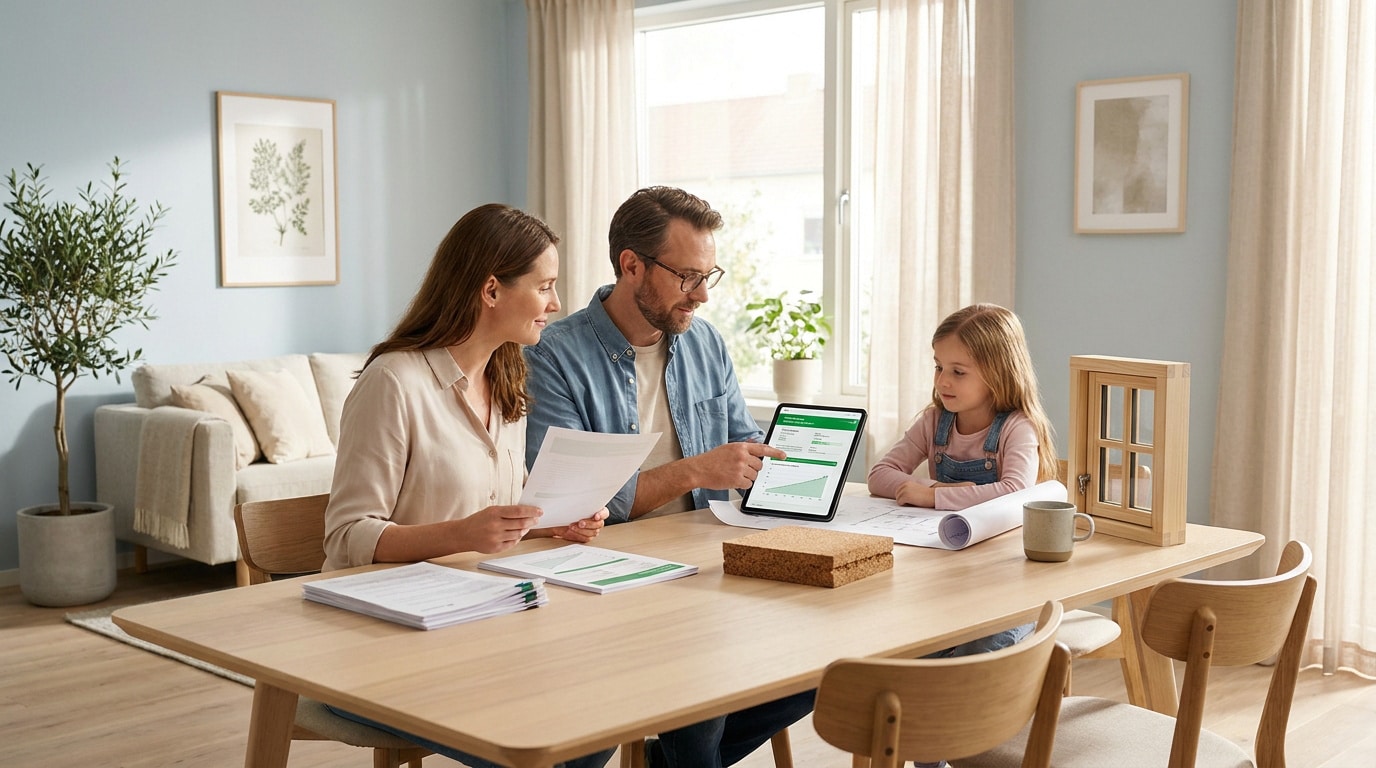Une famille autour d'une table avec une tablette et des documents pour préparer leur demande de prêt éco-PTZ.
