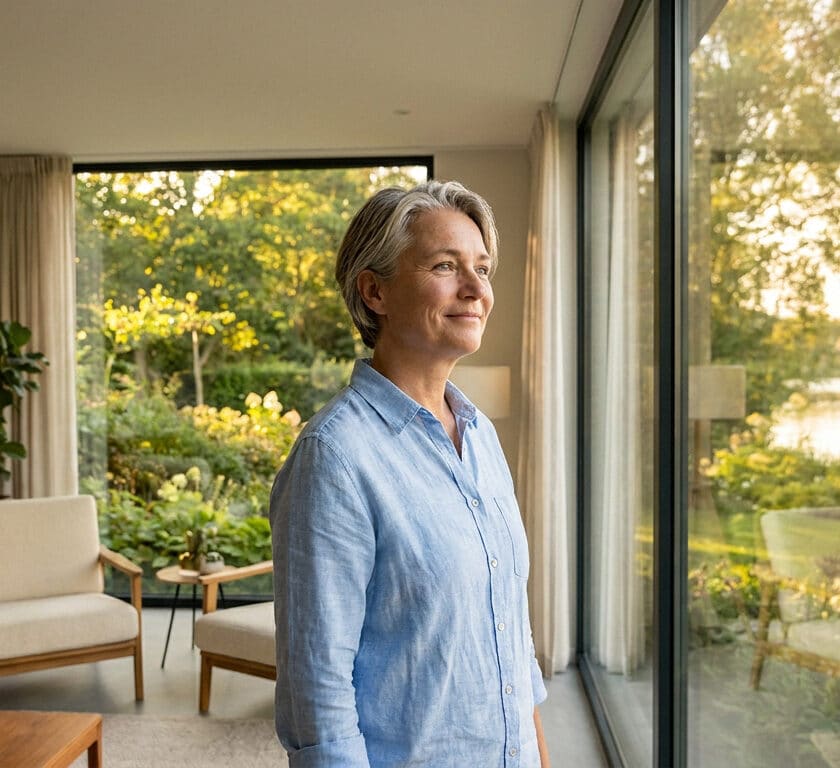 Une femme mature regarde par une grande baie vitrée un jardin ensoleillé et un lac, évoquant la sérénité.