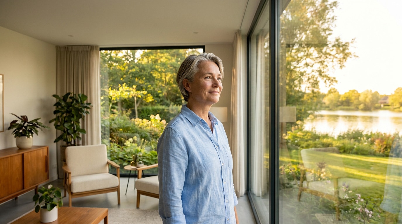 Une femme mature regarde par une grande baie vitrée un jardin ensoleillé et un lac, évoquant la sérénité.