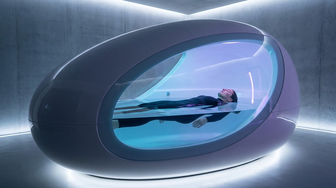 Une femme flotte paisiblement dans un caisson de flottaison futuriste en forme d'œuf au design épuré et lumineux.