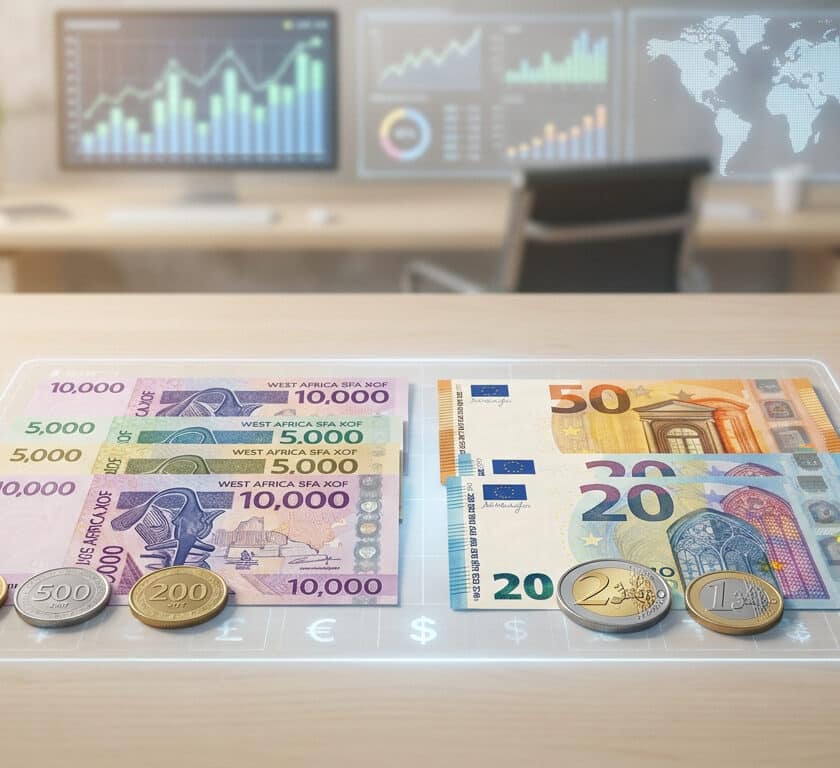 Billets de banque en francs CFA et euros disposés sur un bureau de travail avec des graphiques financiers en arrière-plan.