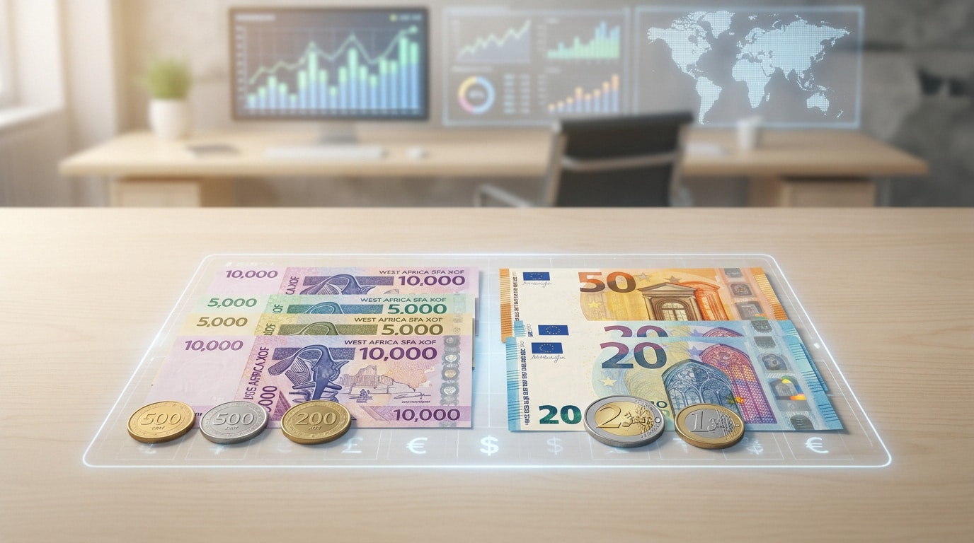 Billets de banque en francs CFA et euros disposés sur un bureau de travail avec des graphiques financiers en arrière-plan.
