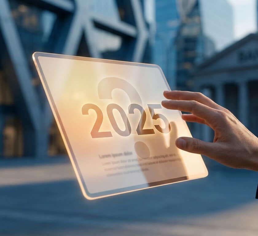 Une main touche un écran holographique affichant 2025 et un point d'interrogation devant un bâtiment bancaire.