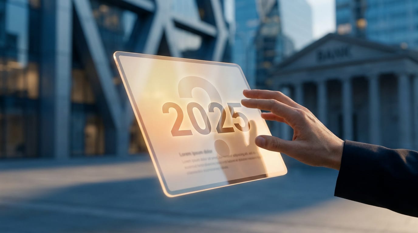 Une main touche un écran holographique affichant 2025 et un point d'interrogation devant un bâtiment bancaire.