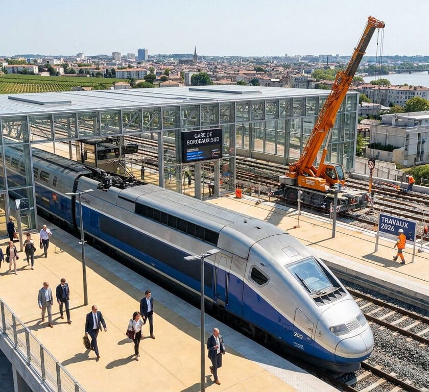 Vue aérienne d'un TGV en gare de Bordeaux-Sud avec des ouvriers et une grue sur les voies en travaux.