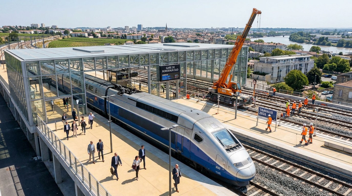 Vue aérienne d'un TGV en gare de Bordeaux-Sud avec des ouvriers et une grue sur les voies en travaux.