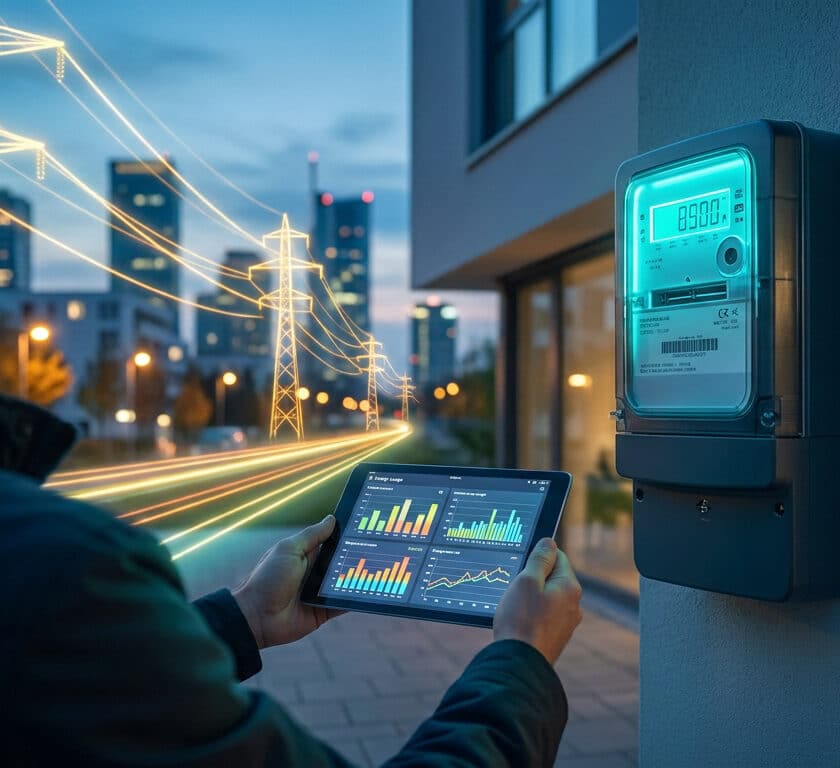 Un technicien utilise une tablette pour surveiller la consommation sur un compteur électrique intelligent connecté.