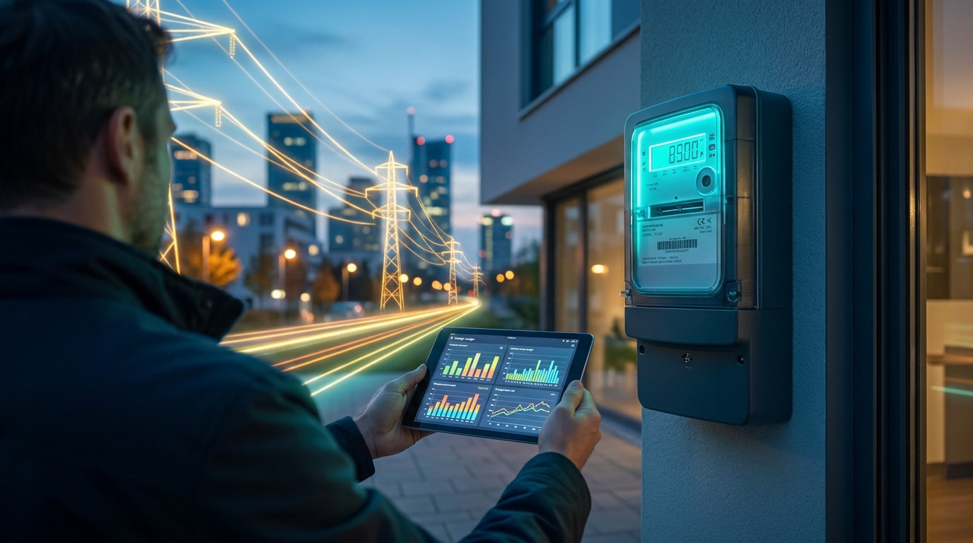 Un technicien utilise une tablette pour surveiller la consommation sur un compteur électrique intelligent connecté.