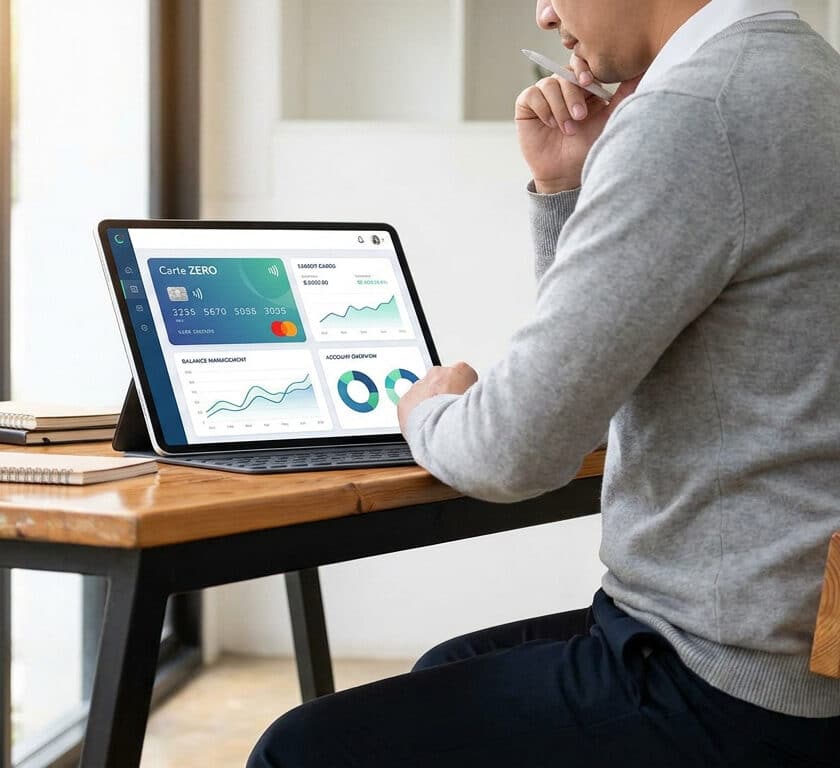 Un homme consulte le tableau de bord de la Carte ZERO sur une tablette dans un bureau lumineux.