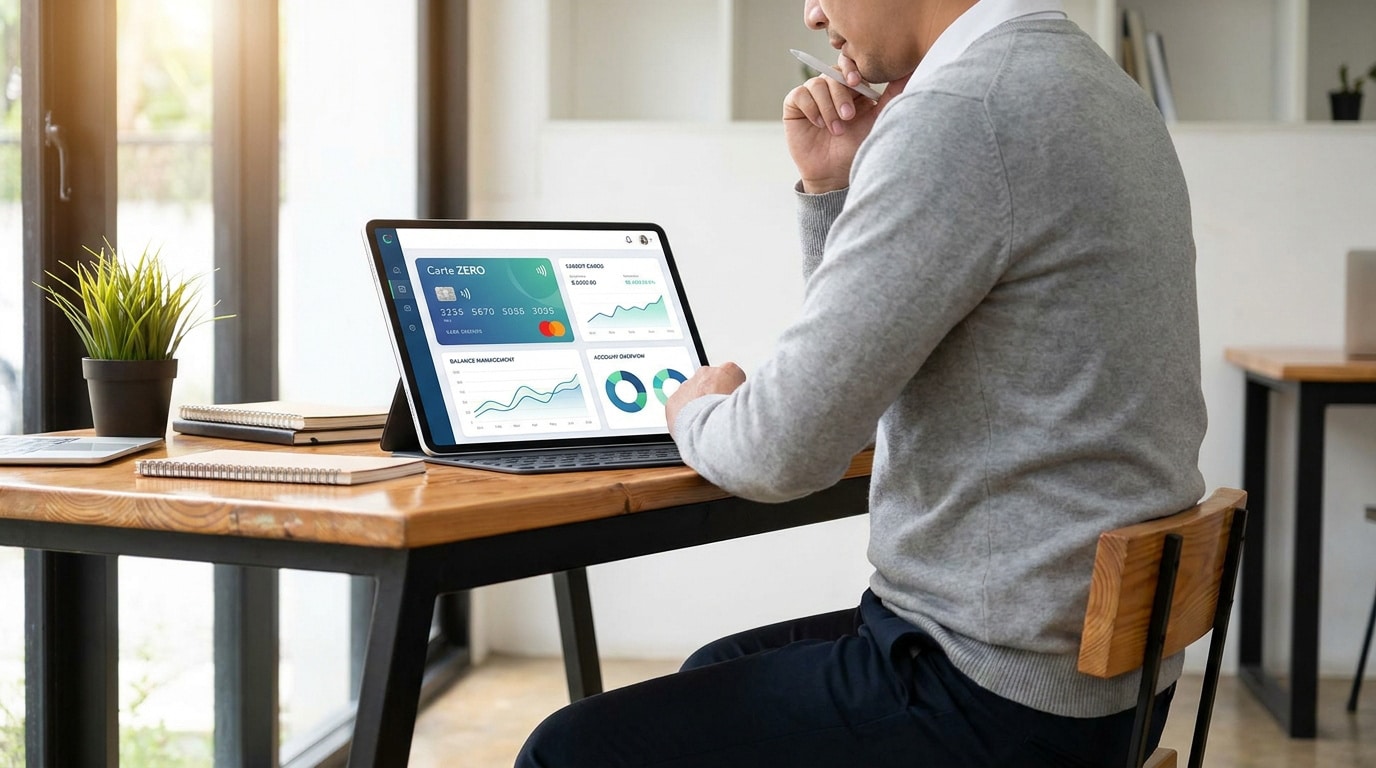 Un homme consulte le tableau de bord de la Carte ZERO sur une tablette dans un bureau lumineux.