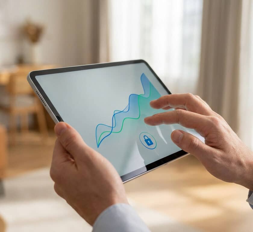 Une personne utilise une tablette affichant un graphique financier avec une icône de cadenas pour la sécurité.