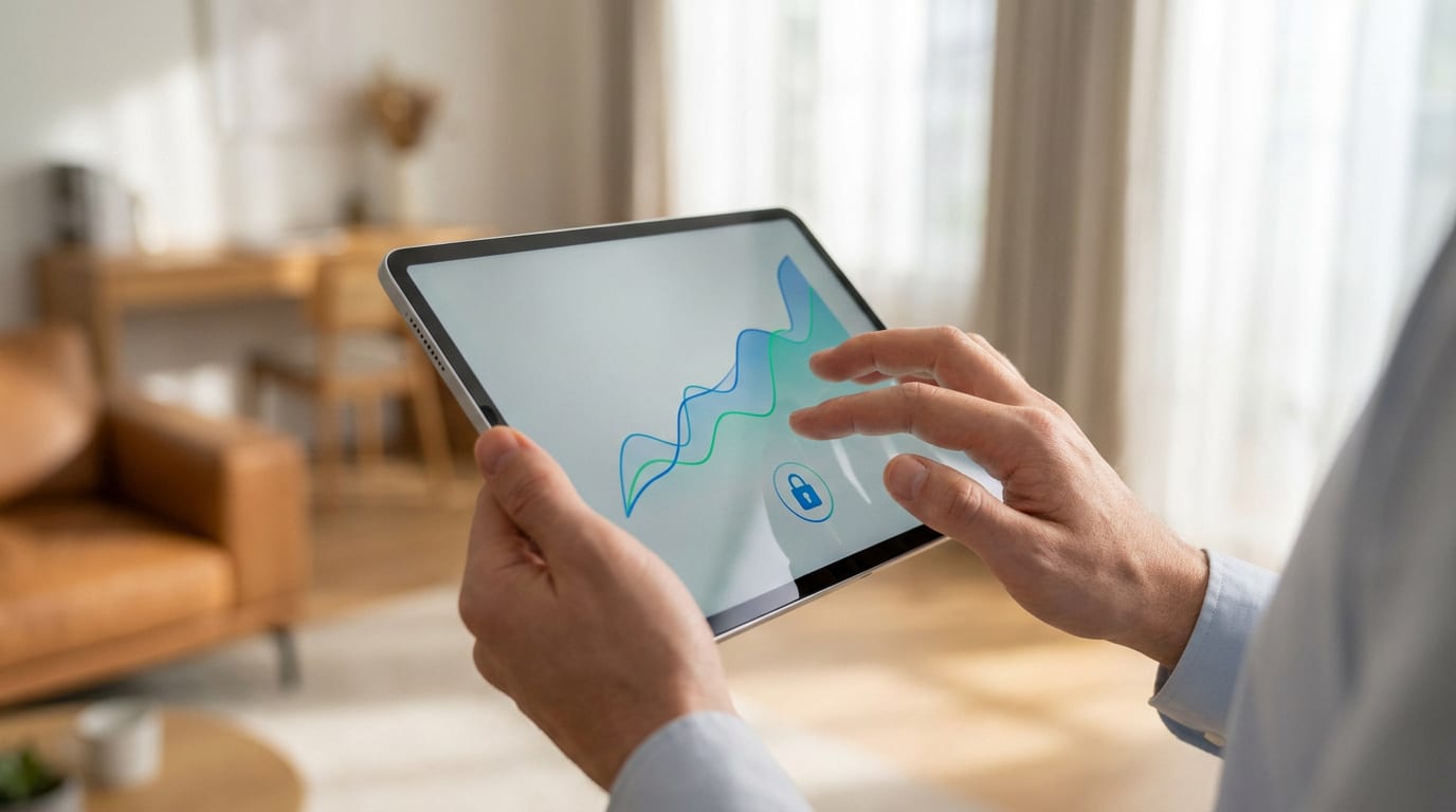 Une personne utilise une tablette affichant un graphique financier avec une icône de cadenas pour la sécurité.