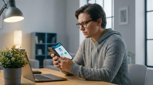 Un jeune homme portant des lunettes consulte attentivement son application bancaire sur son smartphone.