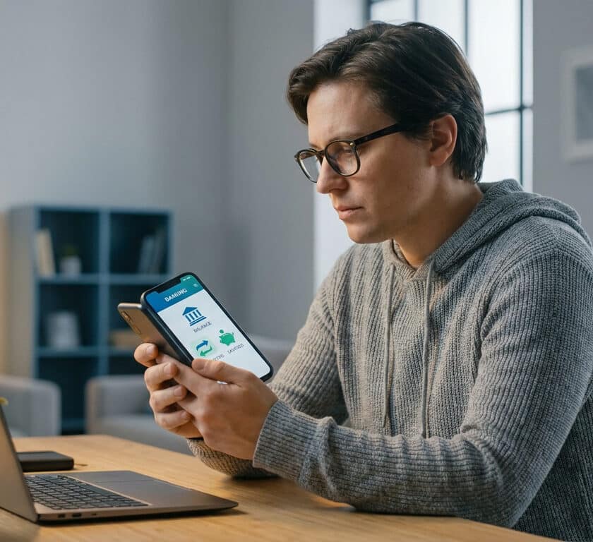 Un jeune homme portant des lunettes consulte attentivement son application bancaire sur son smartphone.