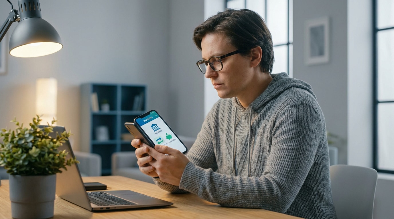 Un jeune homme portant des lunettes consulte attentivement son application bancaire sur son smartphone.