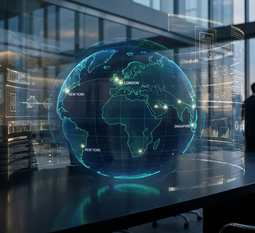 Globe numérique interactif flottant au-dessus d'une table de salle de conférence avec des hommes d'affaires en arrière-plan.