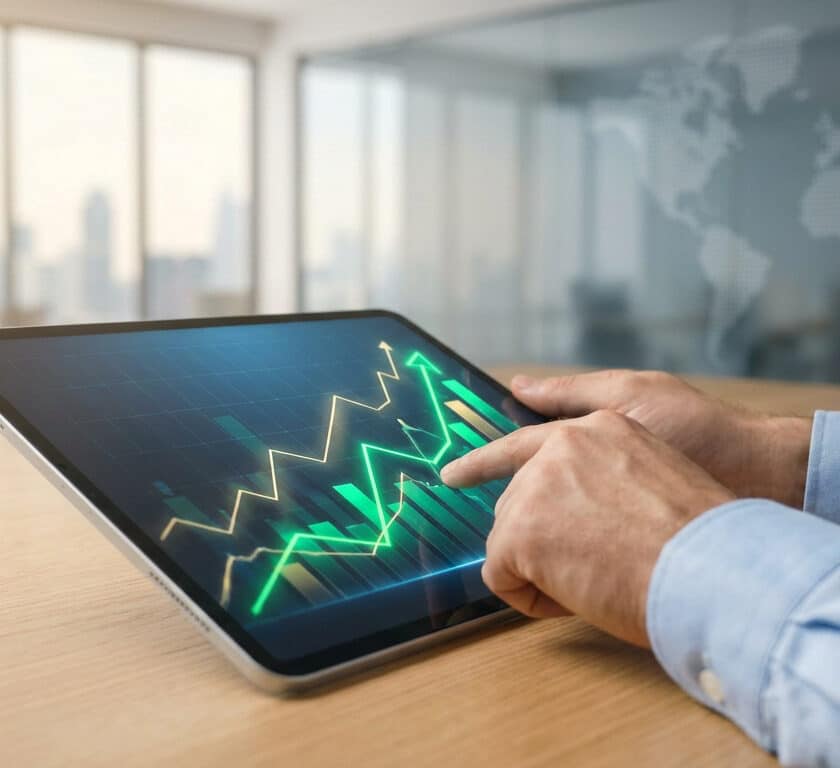 Mains d'un professionnel consultant des graphiques financiers en hausse sur une tablette numérique dans un bureau moderne.