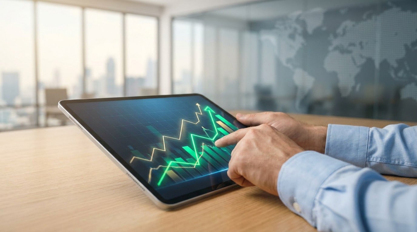 Mains d'un professionnel consultant des graphiques financiers en hausse sur une tablette numérique dans un bureau moderne.