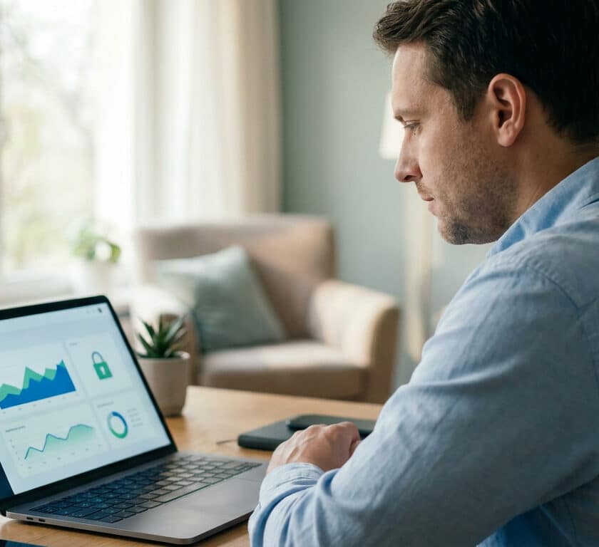 Un homme en chemise bleue consulte un tableau de bord financier sécurisé sur son ordinateur portable.