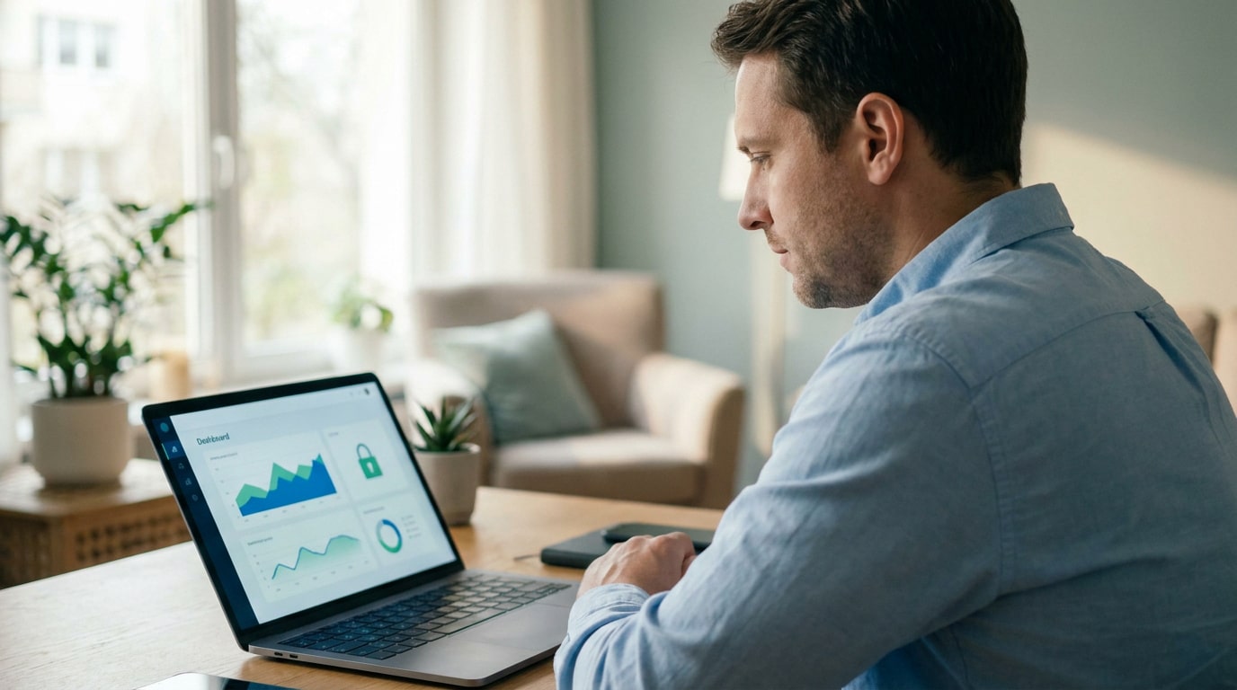 Un homme en chemise bleue consulte un tableau de bord financier sécurisé sur son ordinateur portable.