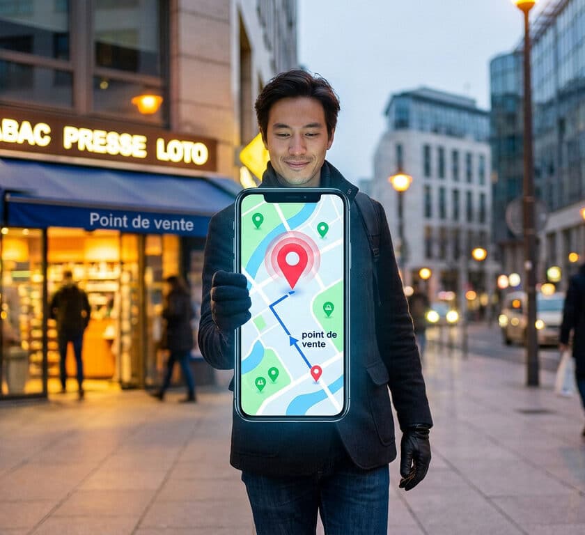 Un homme tient un grand smartphone devant lui affichant une carte avec un itinéraire vers un point de vente Nickel.