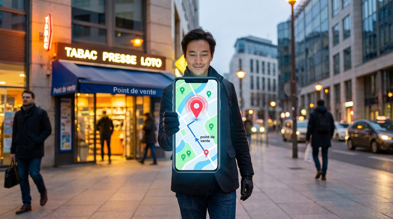 Un homme tient un grand smartphone devant lui affichant une carte avec un itinéraire vers un point de vente Nickel.