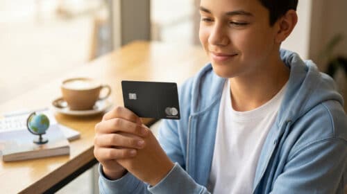 Un adolescent souriant examine avec intérêt sa première carte bancaire noire dans un café.