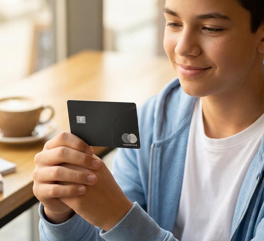 Un adolescent souriant examine avec intérêt sa première carte bancaire noire dans un café.