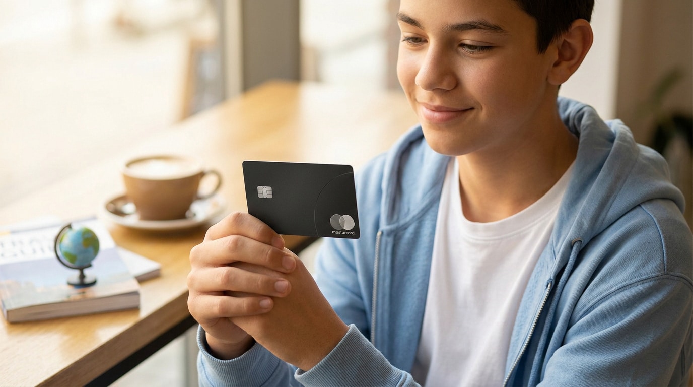 Un adolescent souriant examine avec intérêt sa première carte bancaire noire dans un café.