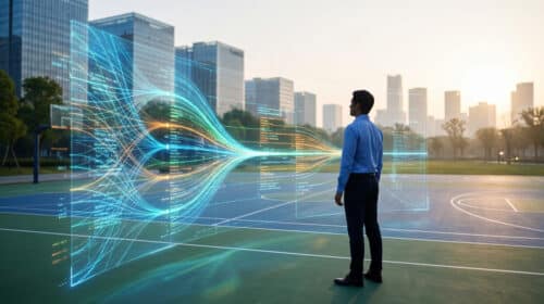 Un homme d'affaires observant un écran holographique de flux de données sur un terrain de basket urbain au coucher du soleil.