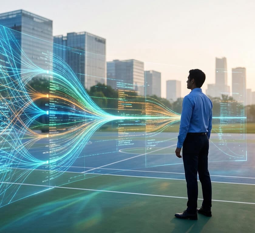Un homme d'affaires observant un écran holographique de flux de données sur un terrain de basket urbain au coucher du soleil.