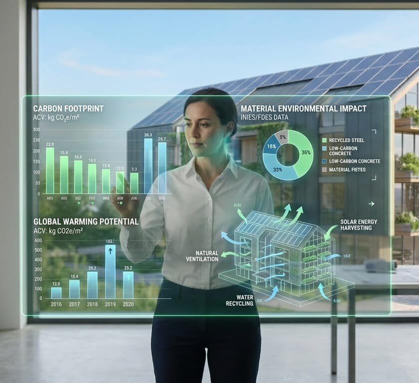 Une architecte analyse des données environnementales holographiques sur la construction durable et la RE2020.